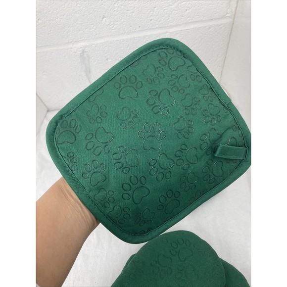 Green Cotton Silicone Paw print Cat Oven Mitts and Potholders Set Grill Glove - Picture 14 of 16